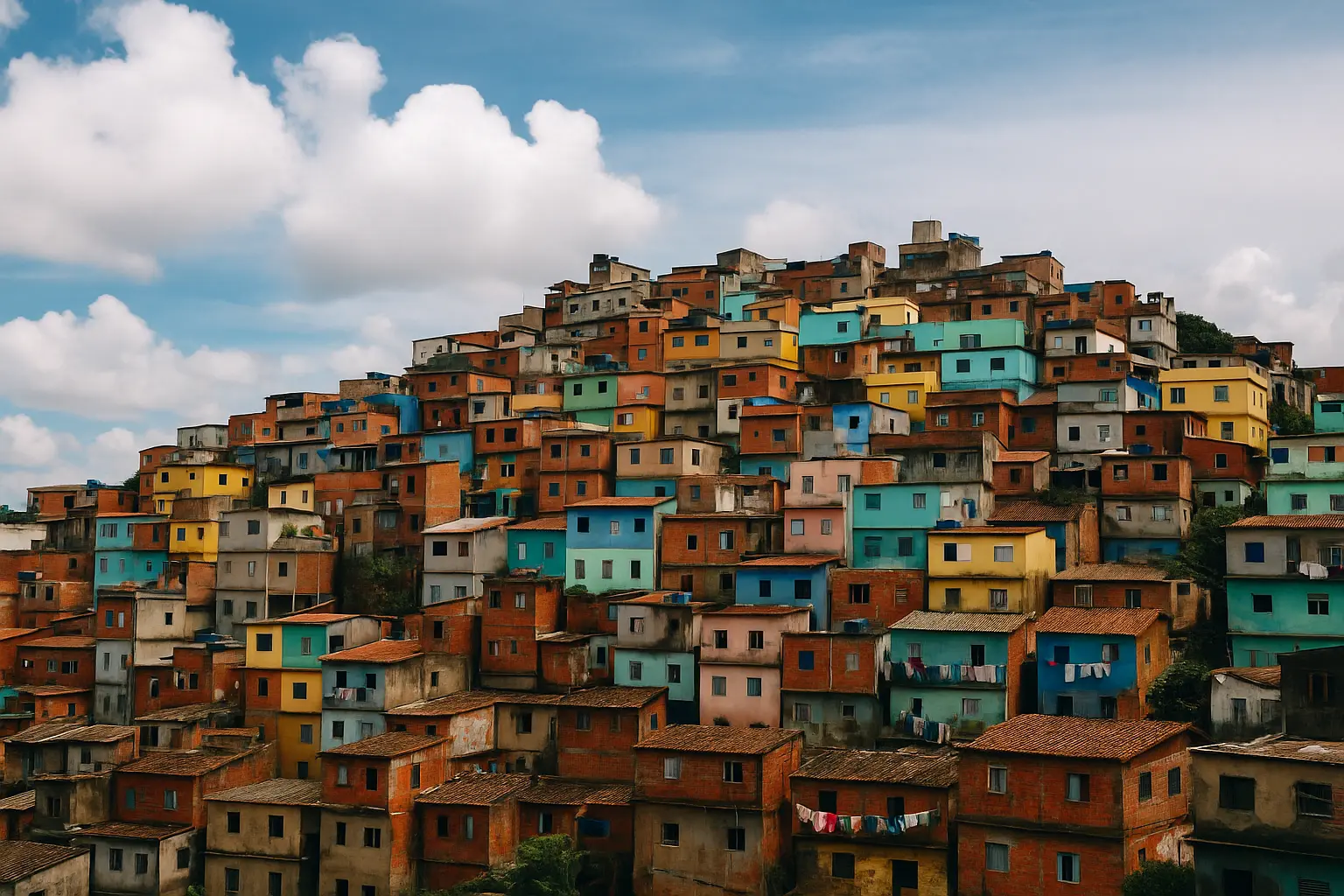 Vista de uma comunidade em morro, com casas coloridas agrupadas sob céu parcialmente nublado, refletindo a densidade urbana e os desafios sociais