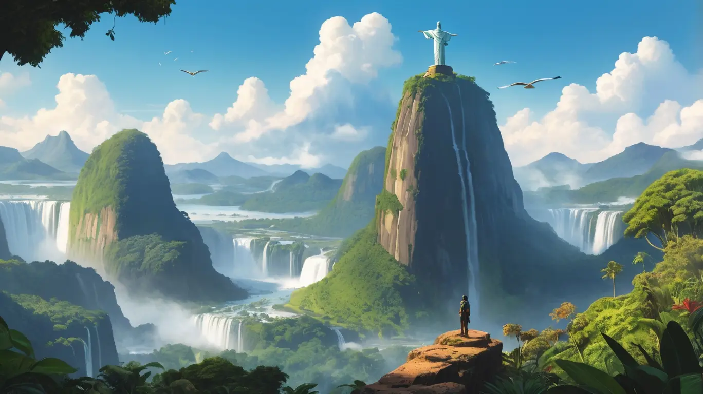 Ilustração da geografia diversificada do Brasil, mostrando a floresta amazônica, o Pantanal, as Cataratas do Iguaçu e as montanhas do Rio de Janeiro com o Cristo Redentor.