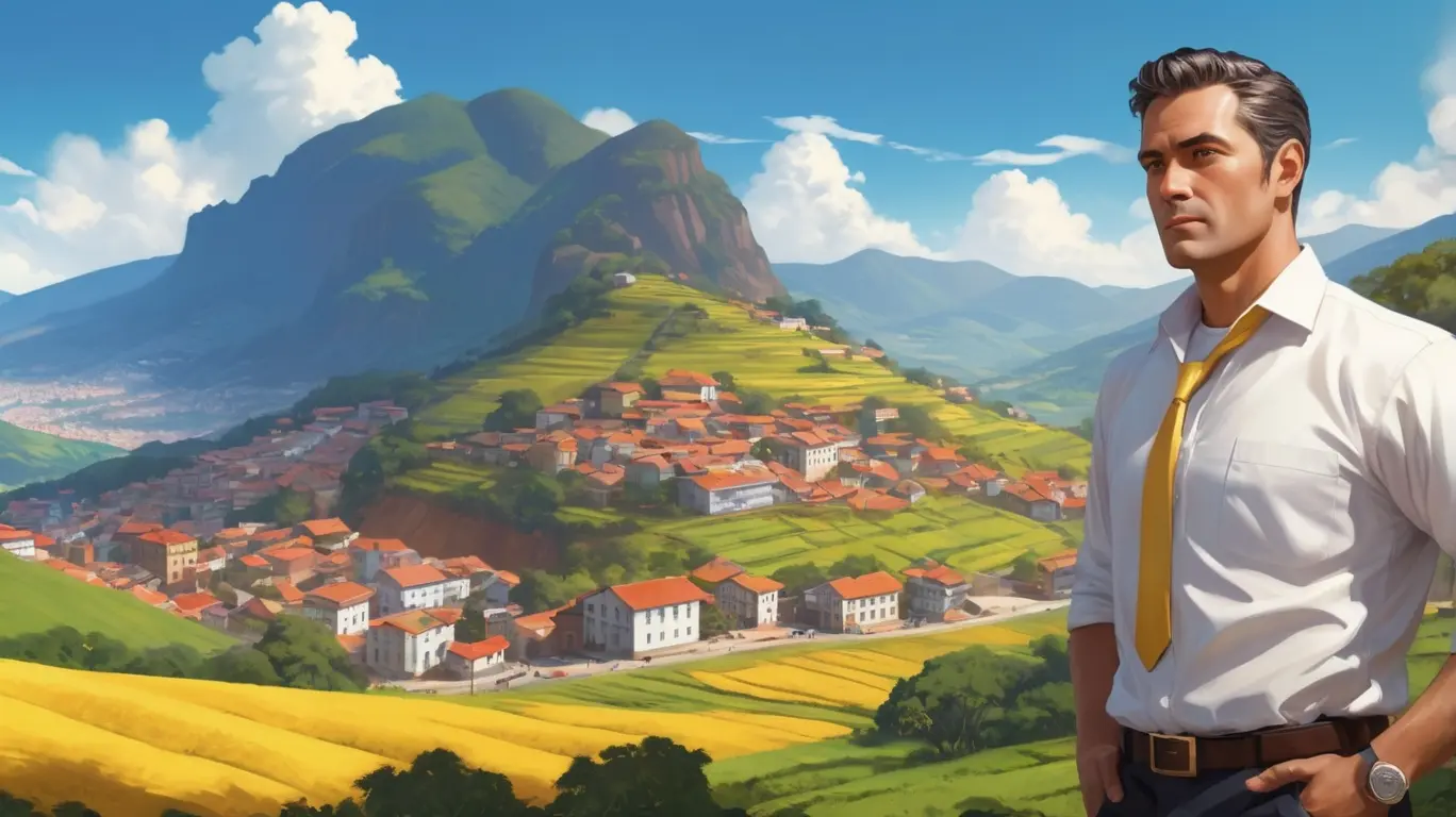Ilustração da paisagem montanhosa de Minas Gerais, com cidades como Belo Horizonte e Ouro Preto, elementos de mineração de ouro e diamantes, plantações de café e colinas sob um céu claro.