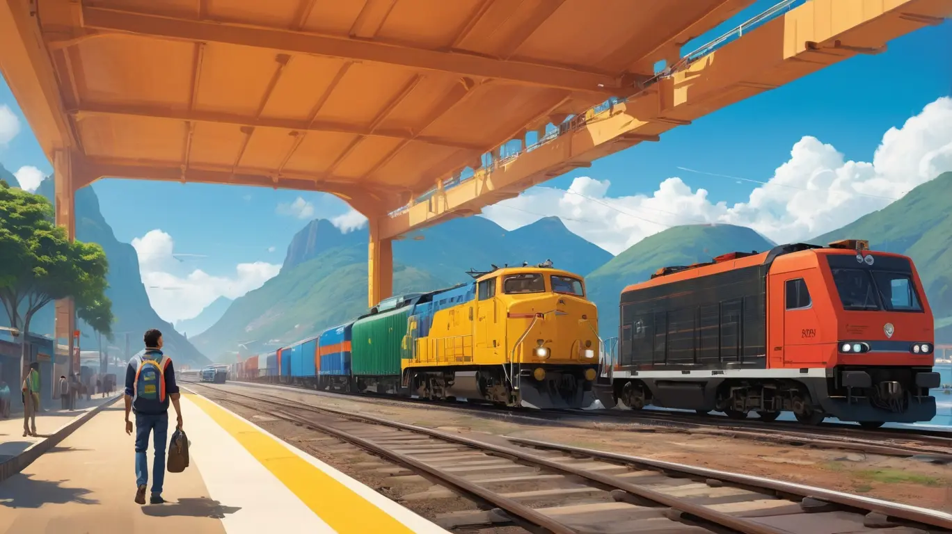 Ilustração das rotas bioceânicas do Brasil, com rodovias e ferrovias cruzando paisagens do Centro-Oeste até portos no Pacífico, com caminhões, trens e montanhas dos Andes.